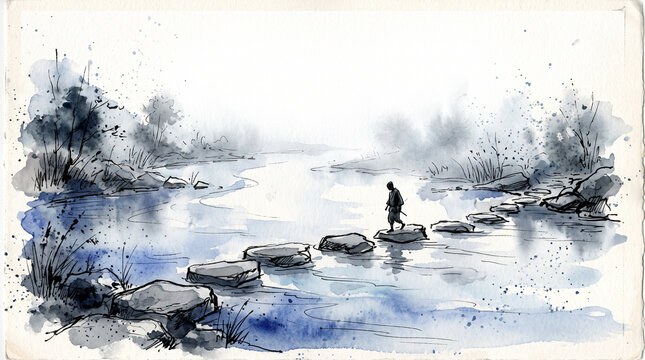 Blue grey watercolor ink stepping stones across misty river, representing mental health taking it one step at a time, gradual progress, courage and recovery journey concept