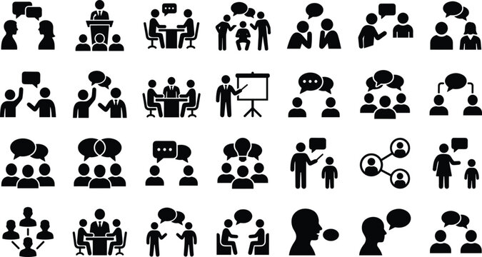 Business Meeting and Team Discussion Icon Set with Group Communication, Presentation, Lecture, Brainstorming, and Chat Bubble Symbols for Corporate Infographics