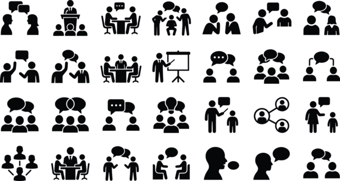 Business Meeting and Team Discussion Icon Set with Group Communication, Presentation, Lecture, Brainstorming, and Chat Bubble Symbols for Corporate Infographics
