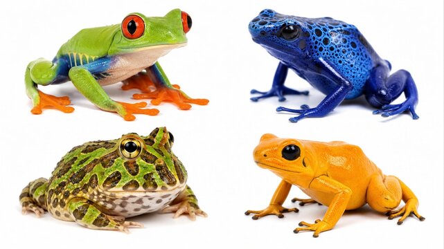 Four colorful frogs pose against a stark white background. Each frog displays unique patterns and vivid hues. Red-eyed frog contrasts with bright green and orange limbs