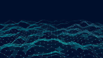 Abstract polygonal wave pattern with interconnected nodes on a dark blue background geometric network mesh grid lines vertices © Rabindrabath