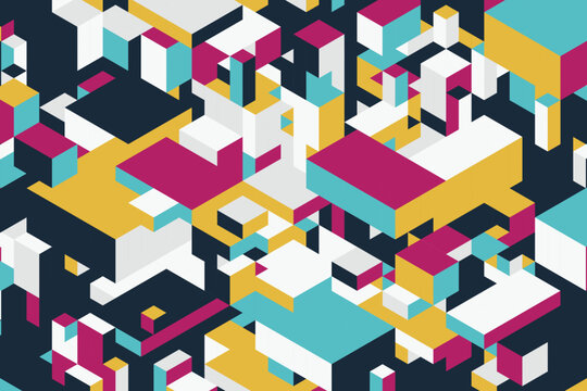 Vibrant isometric blocks pattern with pink, cyan, yellow, and navy shapes geometric