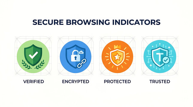 A graphic illustration of secure browsing indicators with verified, encrypted, protected, and trusted icons.