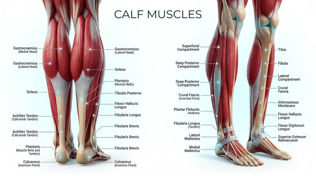 Detailed medical illustration showing human lower leg anatomy with labeled calf muscles including the gastrocnemius soleus and achilles tendon structures