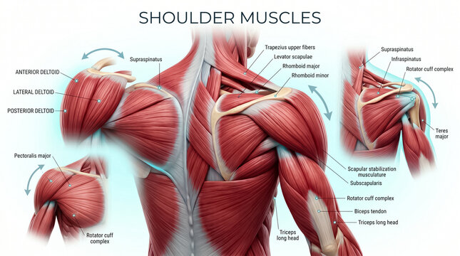 Detailed medical illustration showing human shoulder muscles with labels for anatomy education and clinical study of the upper body structure