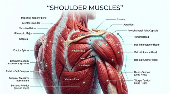 Detailed medical illustration showing human shoulder muscles with labels for anatomy education on a clean and bright white background setting