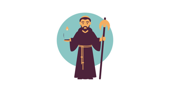 Cartoon illustration of a Franciscan monk holding a wooden staff and a small box.