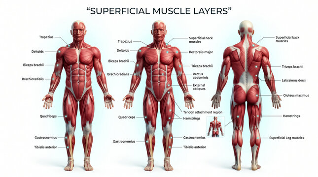 Detailed medical illustration showing human superficial muscle layers from front and back views with clear labels for educational science purposes