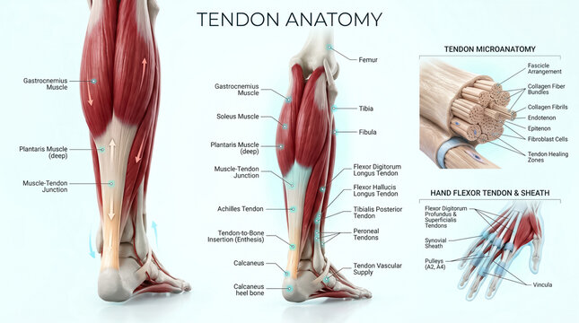 Detailed medical illustration showing human tendon anatomy with labeled calf muscles and microscopic fiber structures on a clean white background