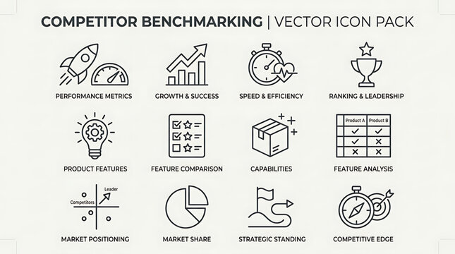 A competitor benchmarking vector icon pack showcases performance metrics, growth, speed, and market positioning icons