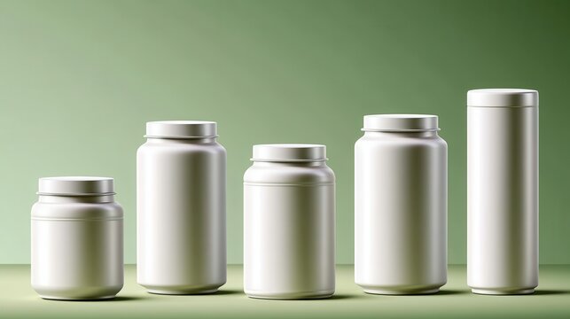 Minimal tin can and jar packaging mockup on green background showing five cylindrical containers