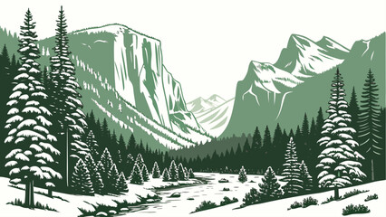 Of a winter mountain landscape with snow-covered pine trees, a frozen river, and jagged peaks on a white background © MST SAHIDA  BEGUM 