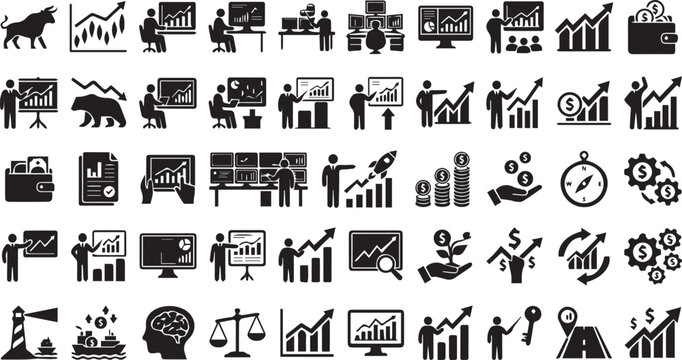 Set of 50 Financial Business Black and White Vector Icons