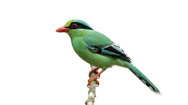 Common Green Magpie Perched on a Branch Isolated on White Background.