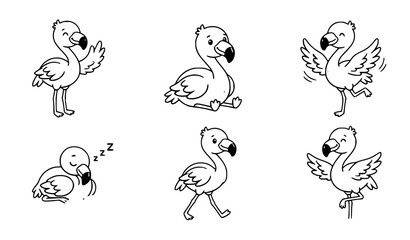 Obraz premium Minimal Flamingo Cartoon Bird Mascot Vector Set with Tropical Wildlife Characters