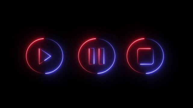 A stock video featuring glowing red and blue neon icons for media controls, such as pause and play buttons, on a black background.