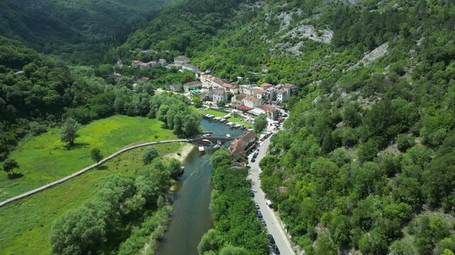 Aerial drone view of Rijeka Crnojevica stone bridge, Montenegro