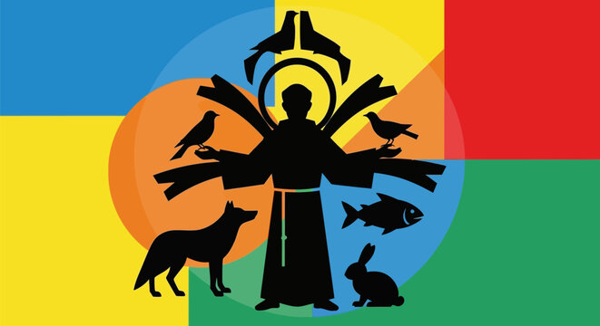 Silhouette illustration of Saint Francis of Assisi with various animals.