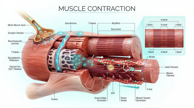 Detailed medical illustration showing the physiological process of muscle contraction featuring microscopic structures like sarcomeres actin filaments and myosin filaments clearly