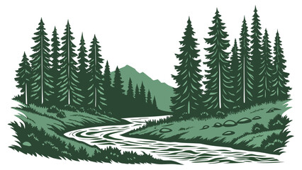 Fototapeta premium Of a peaceful river flowing through a dense pine forest with distant mountains, green and white, isolated