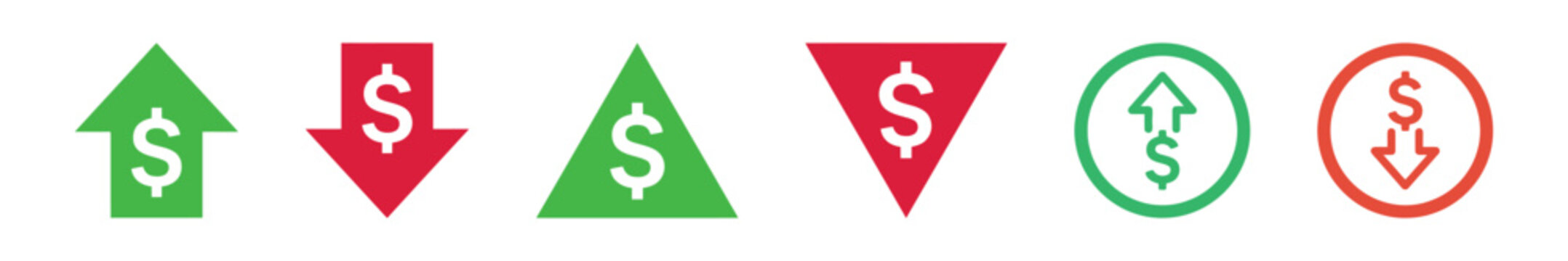 Dollar sign arrow, triangle and circle icon set in green and red color, solid style for price increase, decrease and stock market trend symbol vector.