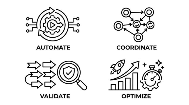 Business process optimization and automation icons with coordinate validate and optimize elements