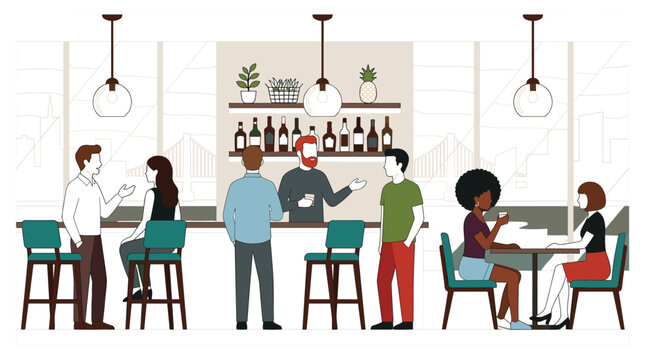 Modern bar interior scene with bartender serving customers and people talking at counter vector illustration