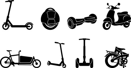 Personal electric vehicles and micro mobility black silhouette icons set showing scooter bike hoverboard and moped © Bulbuli