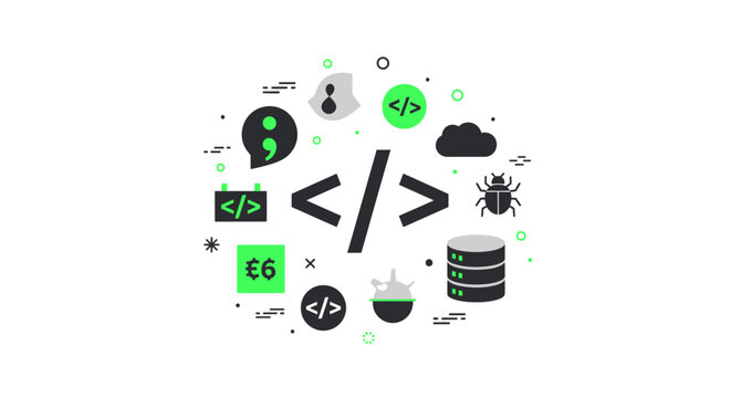 Programming and Software Development Concept Illustration with Coding Icons for Web Design and Technology Projects