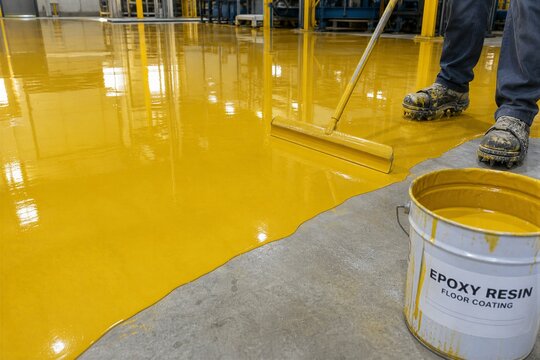 Worker applies glossy yellow floor coating. Metal floor gleams under bright industrial lights. Bucket of paint rests beside spreading finish. Yellow spread reflects surroundings vividly