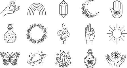 Mystical boho linear vector icons set featuring crystals celestial sun moon evil eye snake and magic potions © Yesrath Hasan