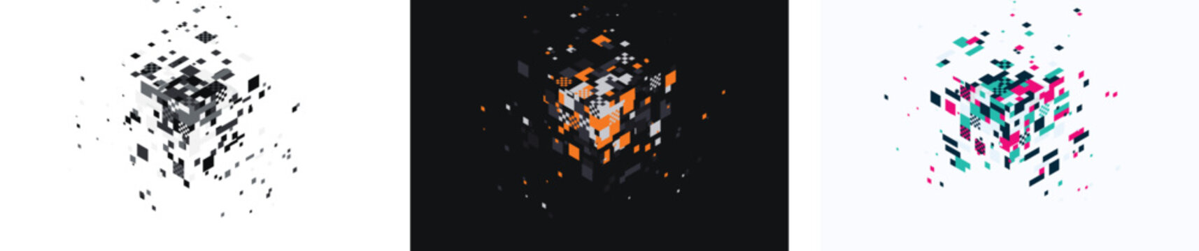 Abstract geometric particle explosion with black, orange, and multicolored fractal clusters