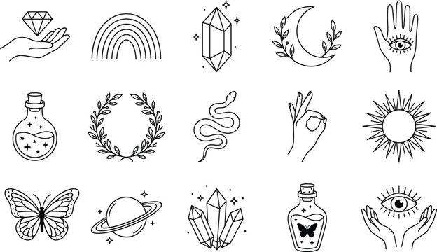 Mystical boho linear vector icons set featuring crystals celestial sun moon evil eye snake and magic potions