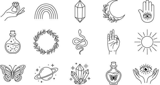 Mystical boho linear vector icons set featuring crystals celestial sun moon evil eye snake and magic potions