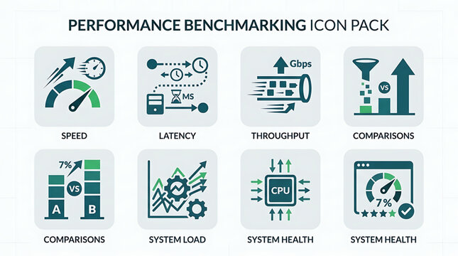 The performance benchmarking icon pack displays various system health and comparison metrics through illustrations.