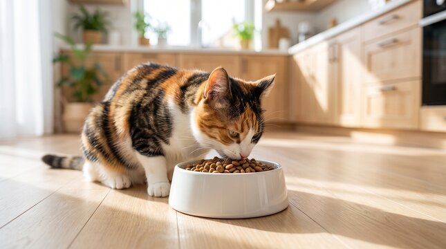 Calico cat eats dry kibble in a sunlit kitchen during National Cat Day for pet nutrition advertisements, veterinary brochures, and social media campaigns