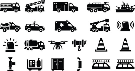 Emergency Services and Firefighting Vehicle Icon Set with Rescue Trucks, Ambulance, Police Cruiser, Logistics Gear, and Safety Alert Symbols vector design © Abdur