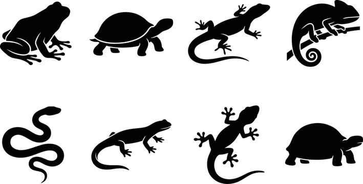 Reptiles and amphibians vector silhouettes icon set with frog turtle lizard chameleon snake and gecko