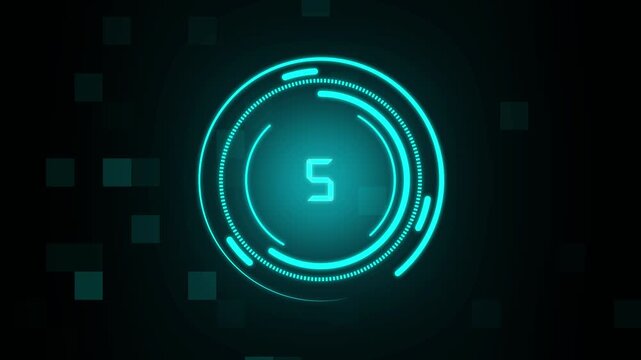 Glowing blue digital countdown with number five in a futuristic circular interface on a dark background, ideal for technology, gaming, timer, and presentation themes
