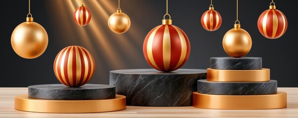 Fototapeta premium Luxury Christmas podium with black marble platforms and floating golden red ornaments in studio