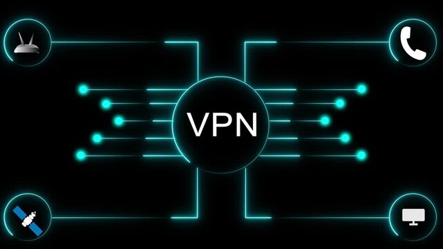 Glowing vpn network diagram on a black background with router, phone, cable and monitor icons linked by neon blue lines, showing secure digital connection and online privacy.