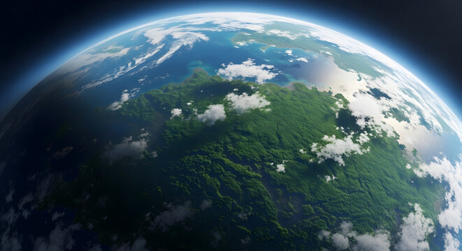 3D View of Planet Earth  in Space with Sunrise Over Blue Atmosphere Clouds and Global Ocean Horizon
