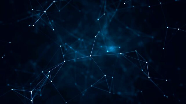 Digital network connections form glowing geometric constellations in this dark blue abstract motion video clip