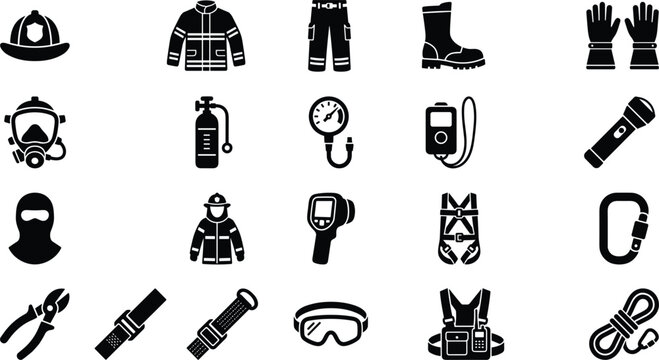 Firefighter Personal Protective Equipment and Rescue Gear Icon Set with Turnout Uniform, SCBA Oxygen, and Fire Rescue Tools vector design