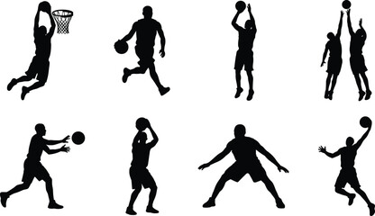 Basketball Player Black Silhouette Collection with Dribbling Shooting Dunking Passing and Defense Poses © MD MIJANUR