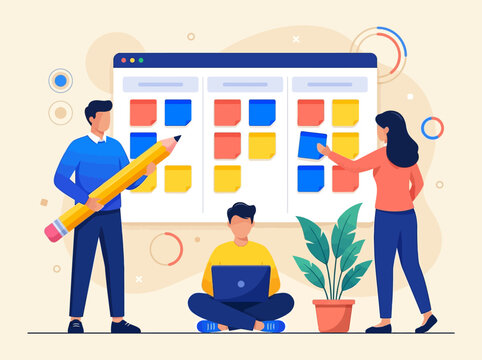 Business Team Collaborating on Agile Project Management Board Illustration