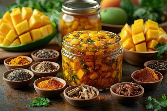 Traditional indian mango pickle in jar surrounded by fresh spices, sliced mango, and whole mangos for authentic culinary presentation