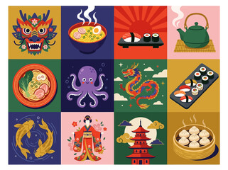 Fototapeta premium Asian Culture and Food Illustration Set with Sushi, Ramen, Dragons, and Pagoda