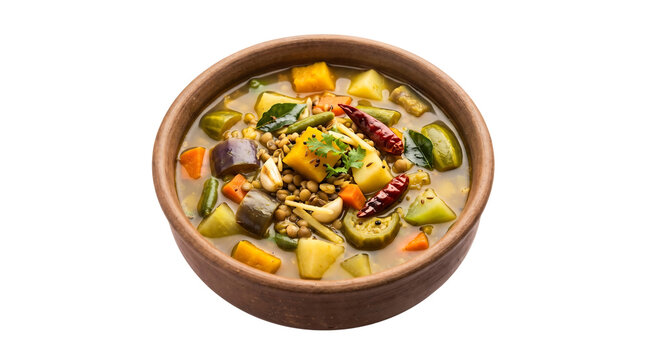 Odia santula served in a rustic clay bowl featuring a mixed vegetable stew with pumpkin, brinjal, papaya, and lentils garnished with curry leaves, coriander, and dry red chilies