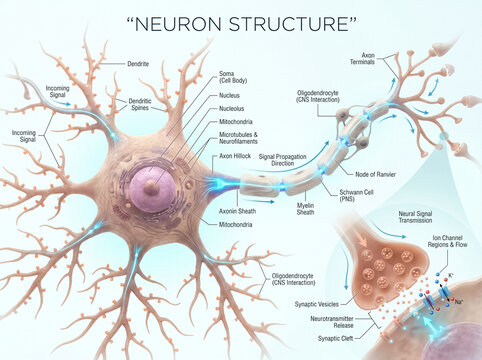 Detailed anatomical diagram of a neuron structure showing cell body dendrites axon terminal and synaptic signal transmission for medical study